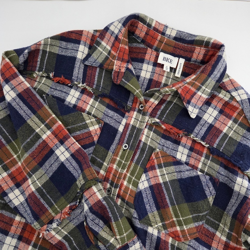 BKE Boyfriend Plaid Flannel Shirt Women Size S Distressed Frayed Red Green Blue